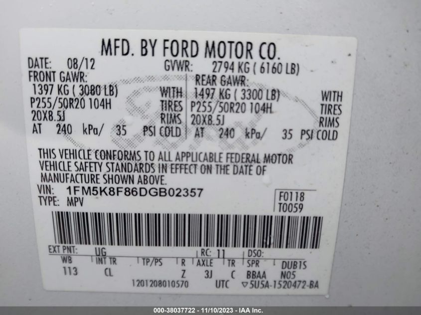 2013 FORD EXPLORER LIMITED - 1FM5K8F86DGB02357
