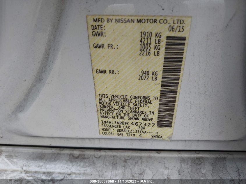 2015 NISSAN ALTIMA 2.5/S/SV/SL - 1N4AL3AP0FC467327