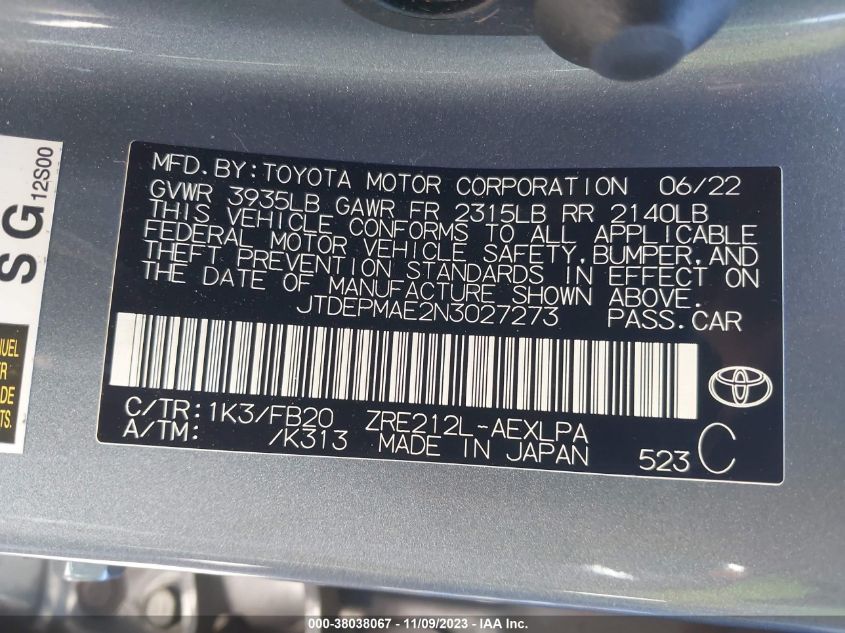 2022 TOYOTA COROLLA LE - JTDEPMAE2N3027273