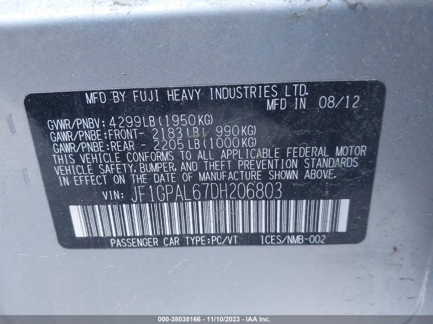 2013 SUBARU IMPREZA WAGON 2.0I SPORT PREMIUM JF1GPAL67DH206803