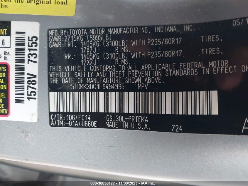 2014 TOYOTA SIENNA LE V6 8 PASSENGER - 5TDKK3DC1ES494995