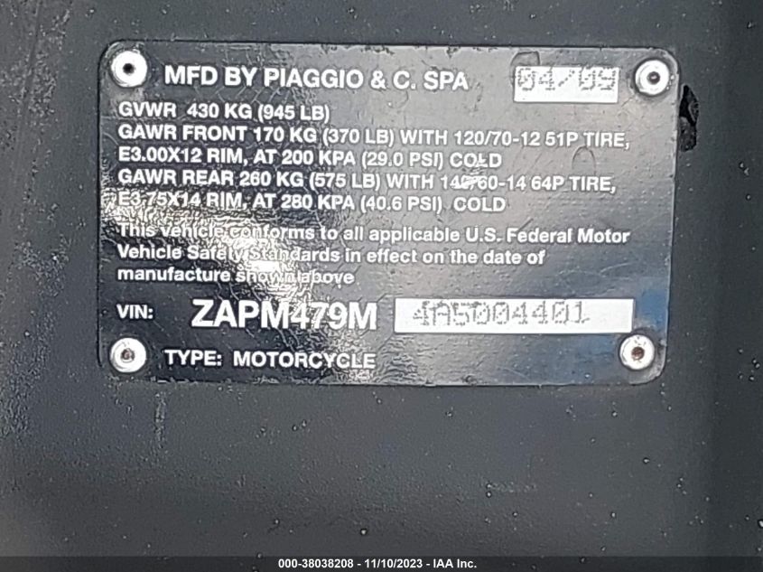 2010 PIAGGIO MP3 250 ZAPM479M4A5004401