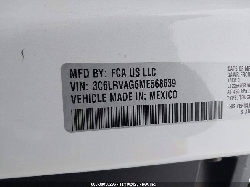 VIN 3C6LRVAG6ME568639 2021 RAM PROMASTER 1500 LOW ROOF 136" WB
