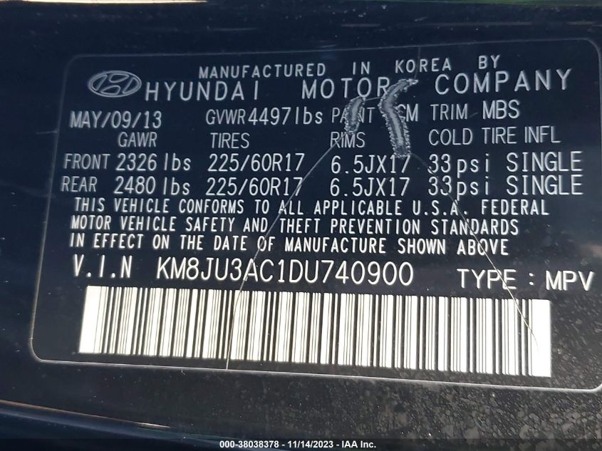 2013 HYUNDAI TUCSON GLS/LIMITED - KM8JU3AC1DU740900