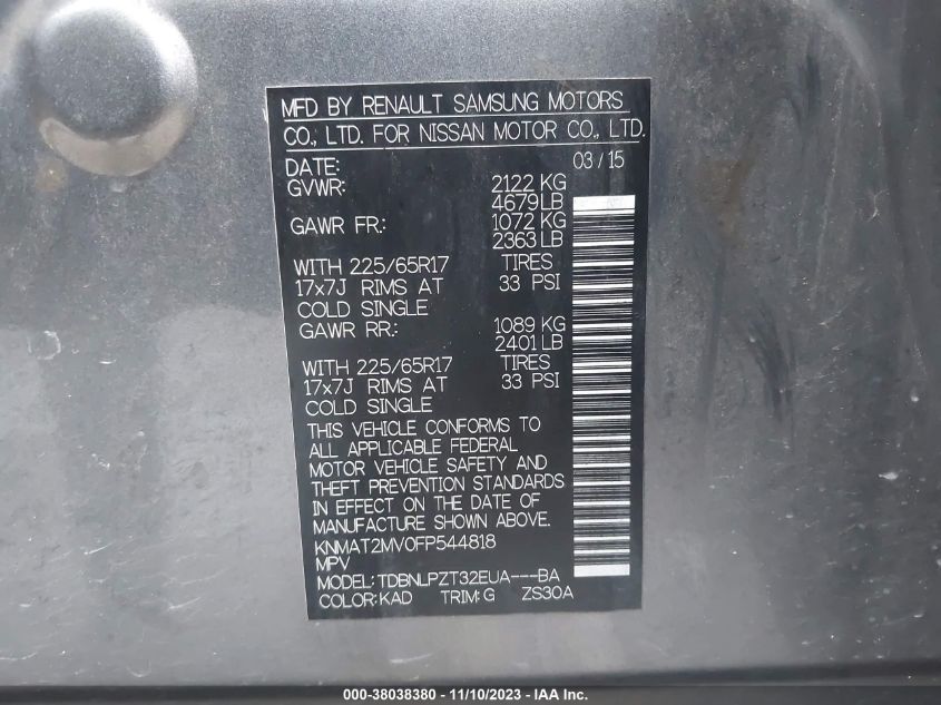2015 NISSAN ROGUE S/SL/SV - KNMAT2MV0FP544818