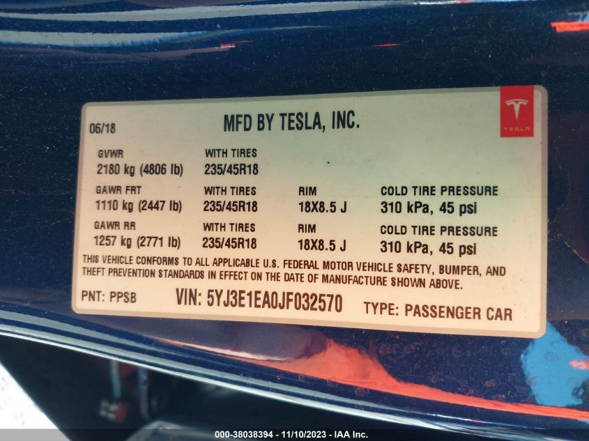 2018 TESLA MODEL 3 LONG RANGE/MID RANGE - 5YJ3E1EA0JF032570