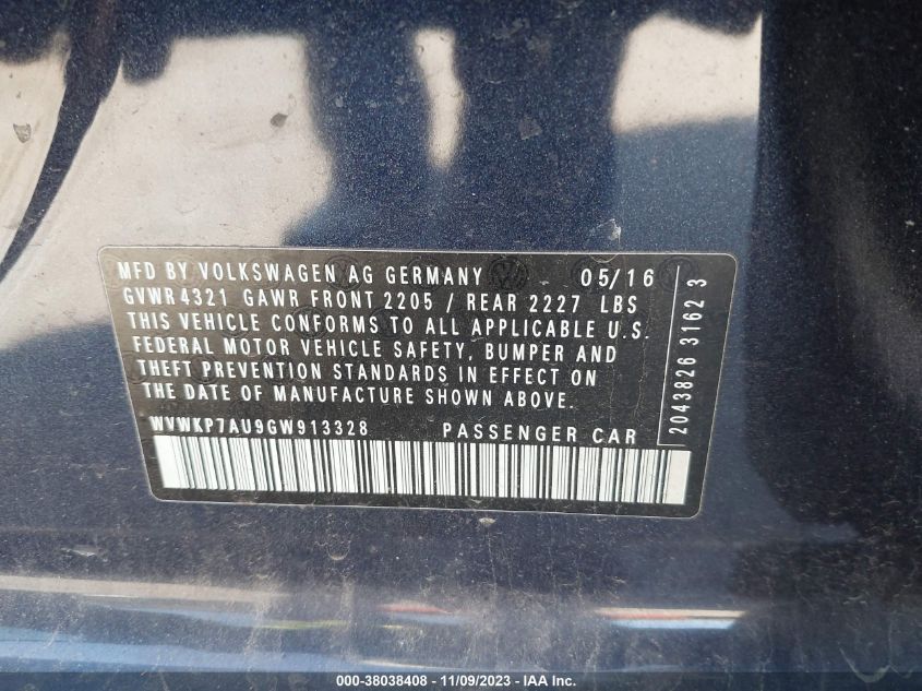 2016 VOLKSWAGEN E-GOLF SE - WVWKP7AU9GW913328