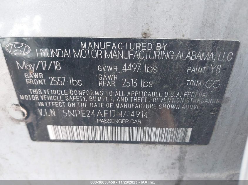 5NPE24AF1JH714914 | 2018 HYUNDAI SONATA