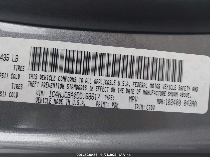 2013 JEEP COMPASS SPORT - 1C4NJCBA0DD168617