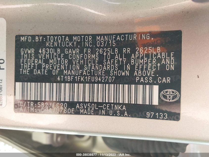 2015 TOYOTA CAMRY LE - 4T1BF1FK1FU942707
