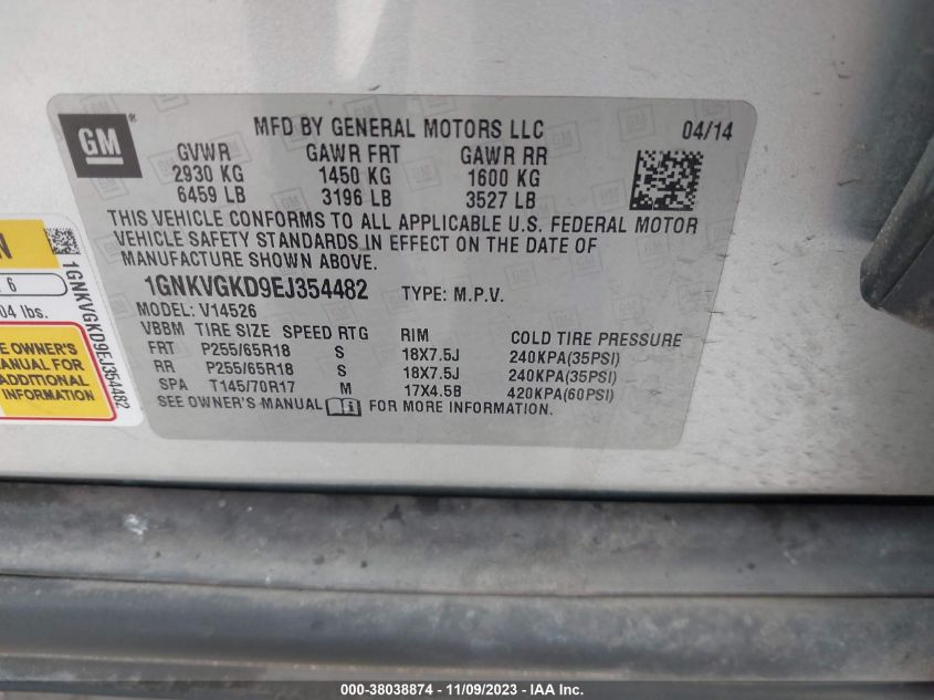 2014 CHEVROLET TRAVERSE LT - 1GNKVGKD9EJ354482