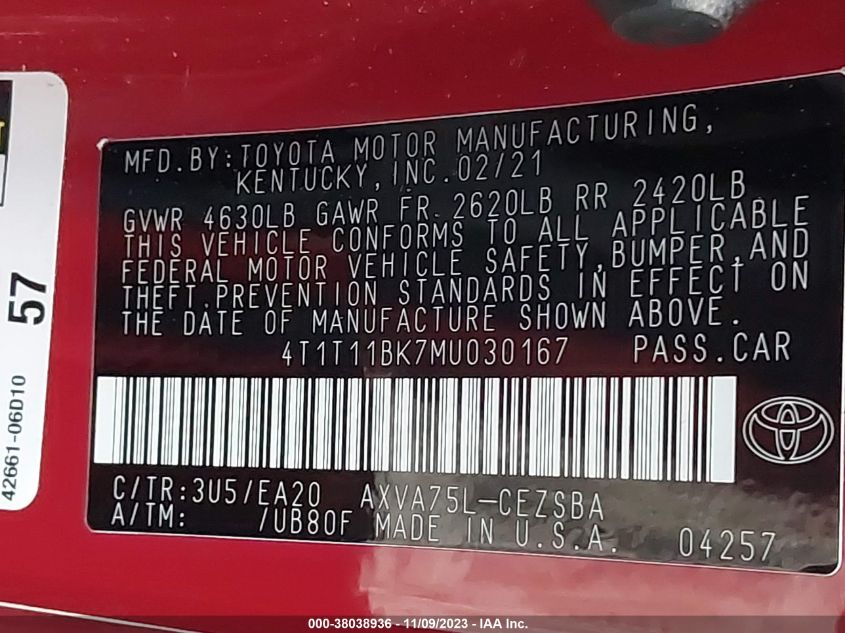 2021 TOYOTA CAMRY SE/SE NIGHT SHADE - 4T1T11BK7MU030167