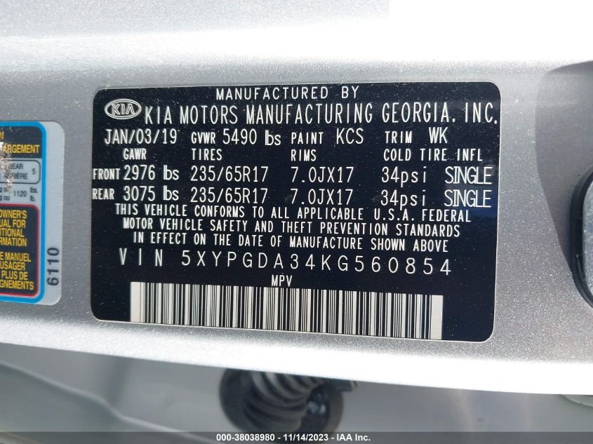 2019 KIA SORENTO L/LX - 5XYPGDA34KG560854