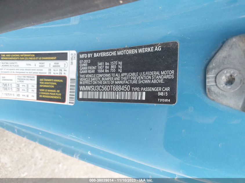 2013 MINI HARDTOP COOPER - WMWSU3C56DT688450
