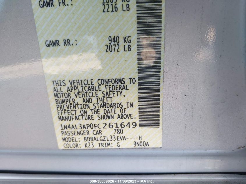 2015 NISSAN ALTIMA 2.5 S - 1N4AL3AP0FC261649