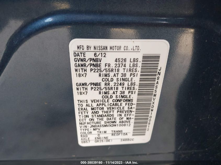 2013 NISSAN ROGUE SL - JN8AS5MVXDW100812