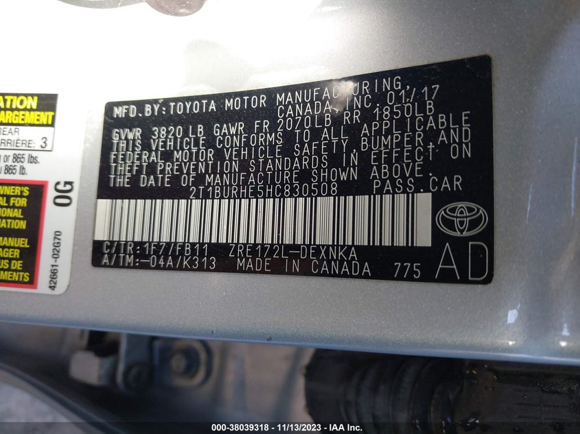 VIN 2T1BURHE5HC830508 2017 TOYOTA COROLLA LE
