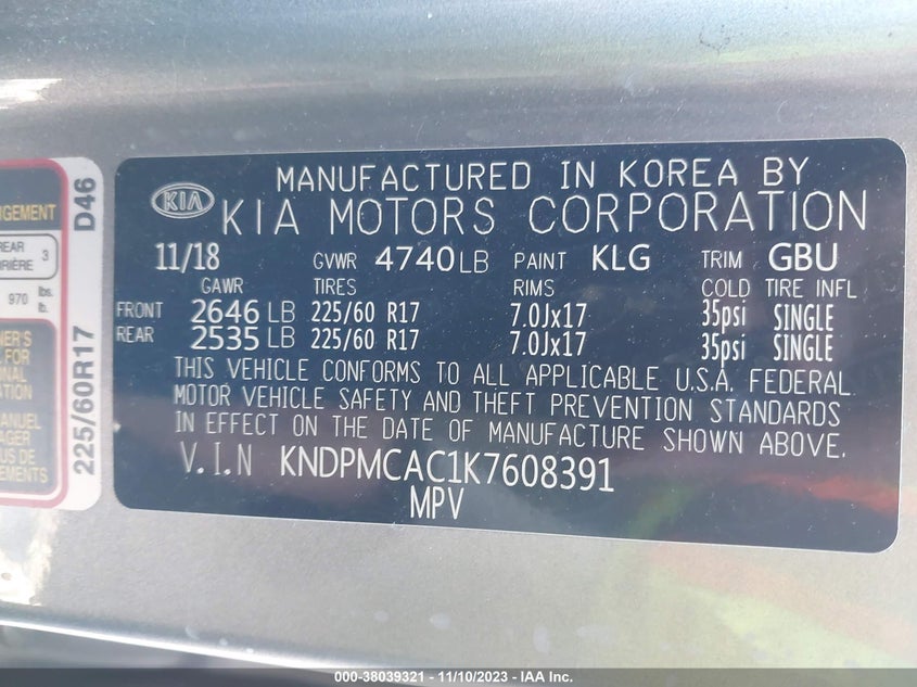 VIN KNDPMCAC1K7608391 2019 KIA SPORTAGE LX