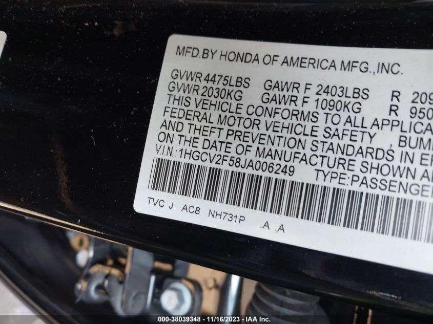 2018 HONDA ACCORD EX-L 2.0T - 1HGCV2F58JA006249