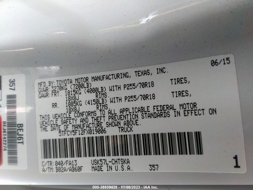 2015 TOYOTA TUNDRA SR 5.7L V8 - 5TFCY5F12FX019006