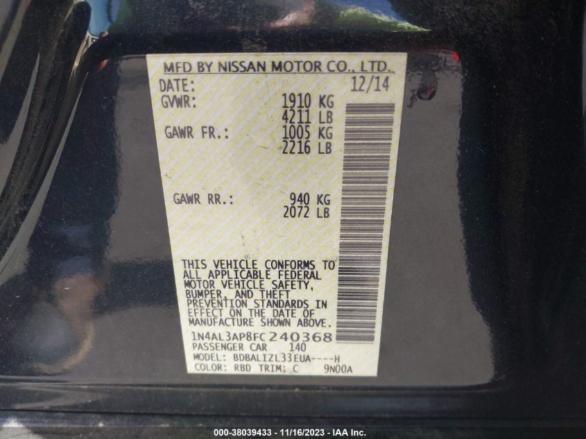 2015 NISSAN ALTIMA 2.5/S/SV/SL - 1N4AL3AP8FC240368