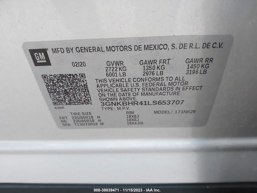 VIN 3GNKBHR41LS653707 2020 CHEVROLET BLAZER AWD 2LT