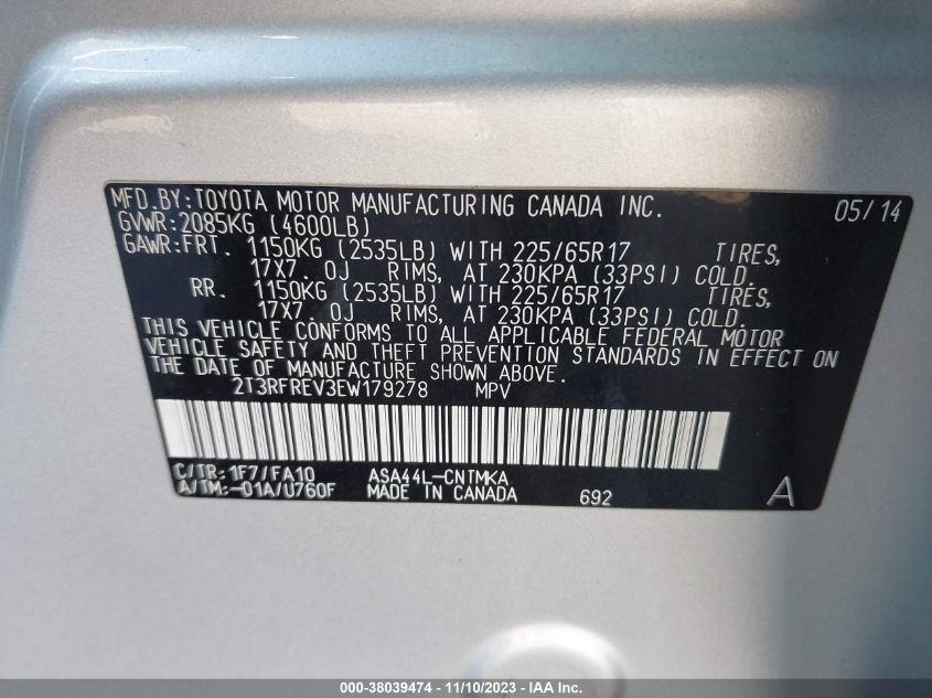 2014 TOYOTA RAV4 XLE - 2T3RFREV3EW179278