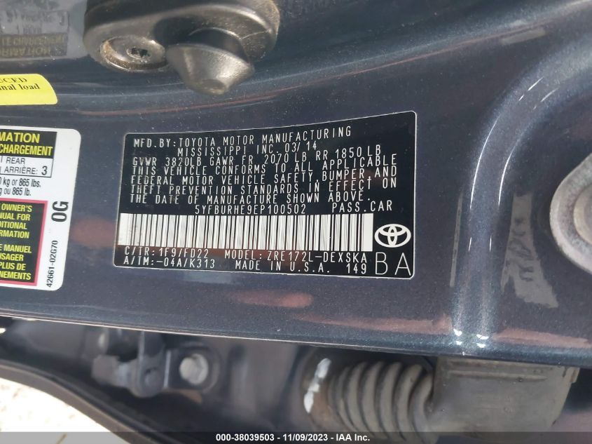 2014 TOYOTA COROLLA L/LE/LE PLS/PRM/S/S PLS - 5YFBURHE9EP100502