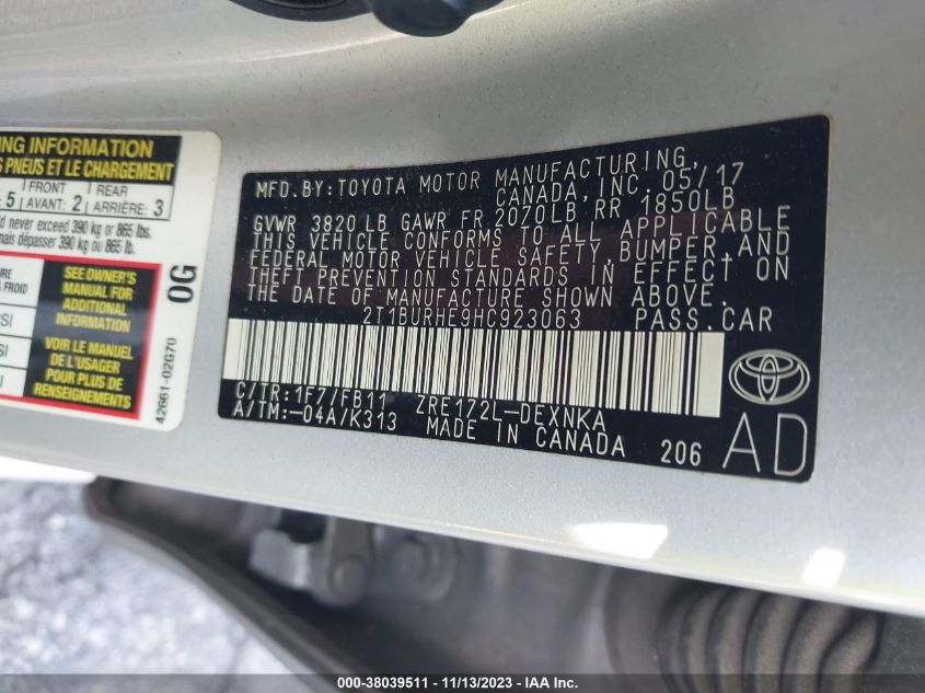 2017 TOYOTA COROLLA L/LE/XLE/SE/XSE - 2T1BURHE9HC923063