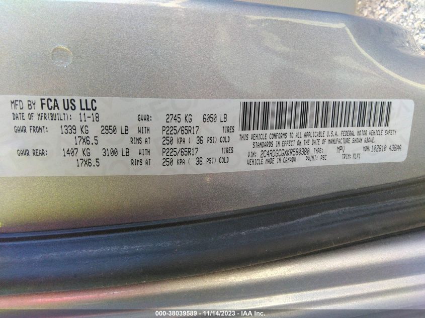 2019 DODGE GRAND CARAVAN SXT - 2C4RDGCGXKR580380