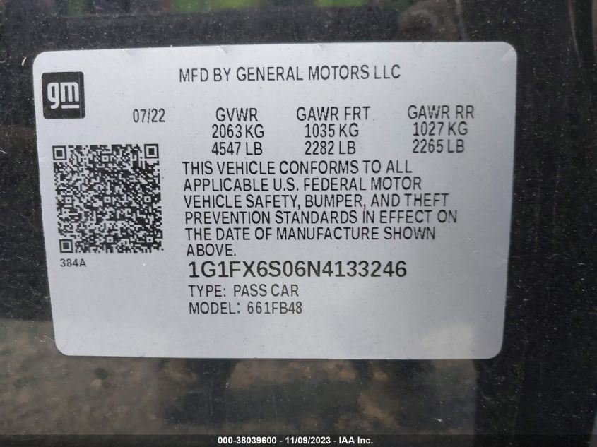 2022 CHEVROLET BOLT EV FWD 2LT - 1G1FX6S06N4133246