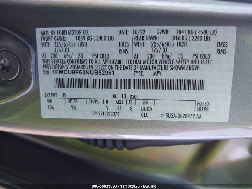 VIN 1FMCU9F63NUB52951 2022 FORD ESCAPE S