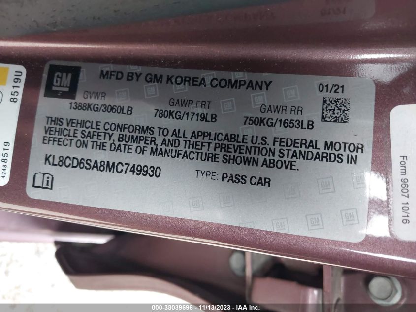 2021 CHEVROLET SPARK 1LT - KL8CD6SA8MC749930