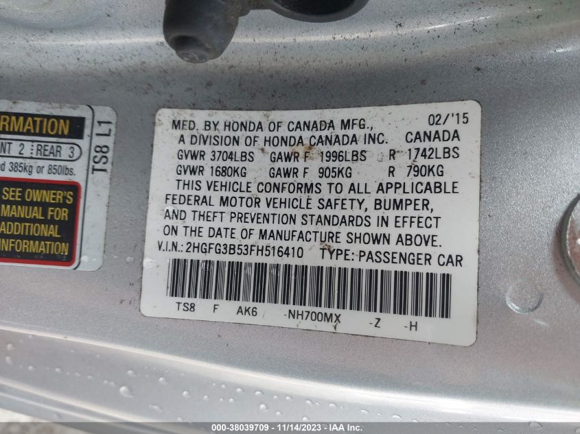 2015 HONDA CIVIC LX - 2HGFG3B53FH516410