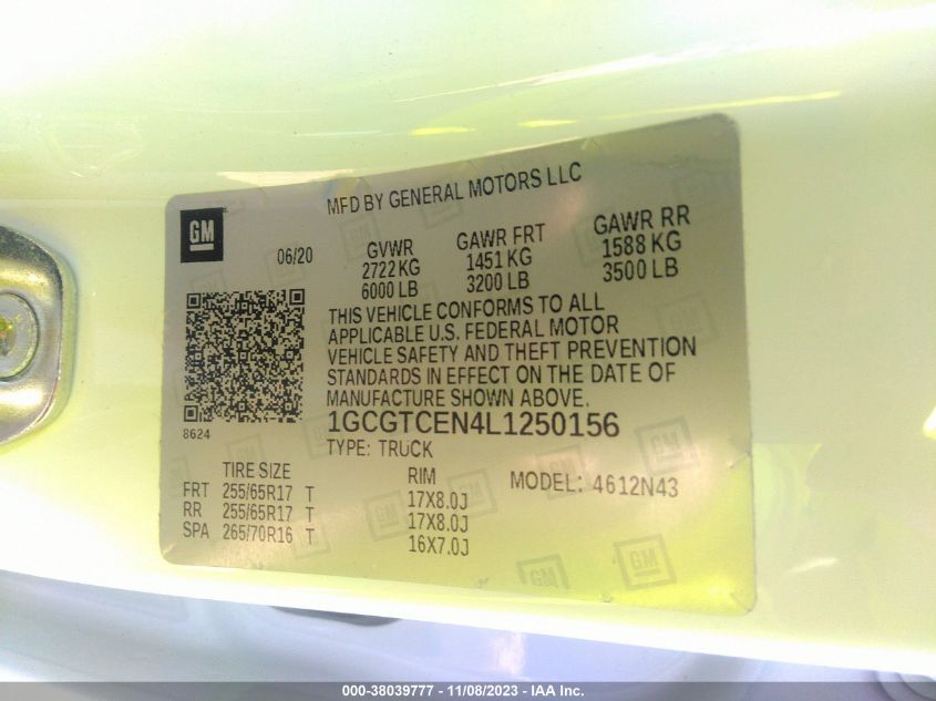 2020 CHEVROLET COLORADO 4WD  SHORT BOX LT - 1GCGTCEN4L1250156