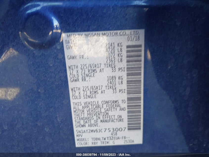 VIN 5N1AT2MV6JC753007 2018 NISSAN ROGUE SV/SL
