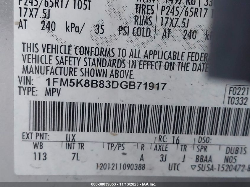 2013 FORD EXPLORER - 1FM5K8B83DGB71917