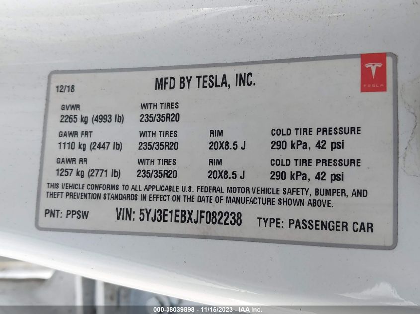 2018 TESLA MODEL 3 - 5YJ3E1EBXJF082238