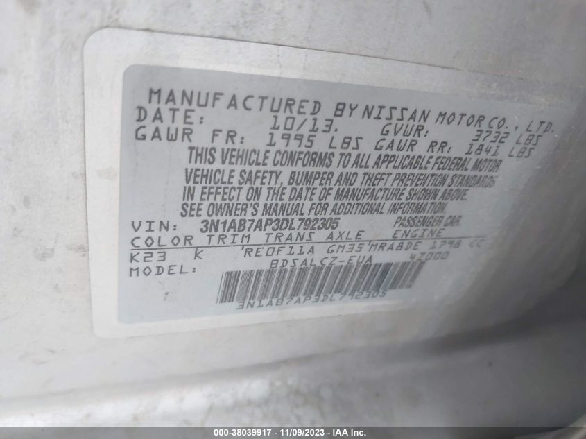 2013 NISSAN SENTRA S - 3N1AB7AP3DL792305