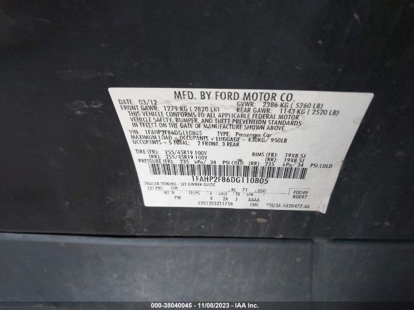 2013 FORD TAURUS LIMITED - 1FAHP2F86DG110805