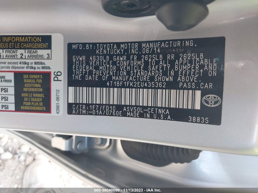 2014 TOYOTA CAMRY L/SE/LE/XLE - 4T1BF1FK2EU435362