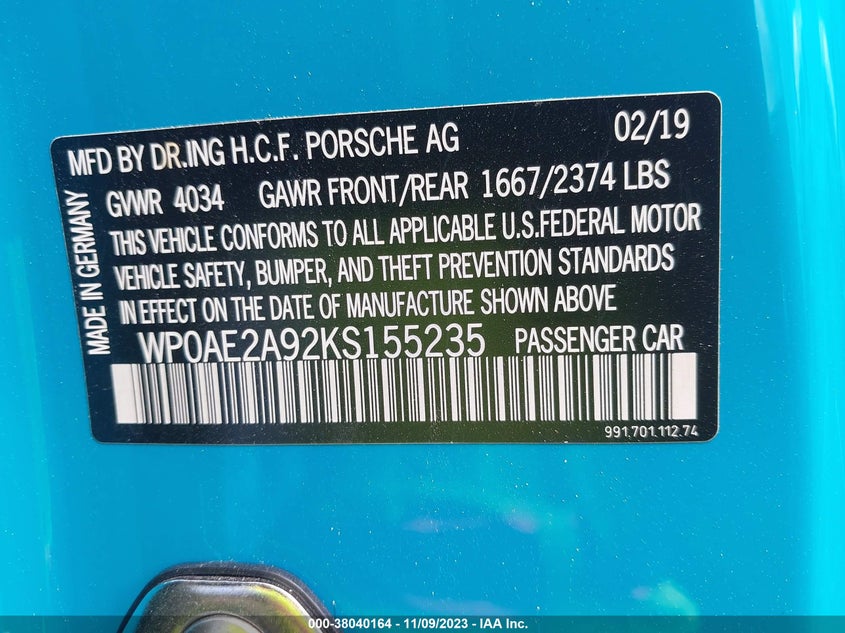 VIN WP0AE2A92KS155235 2019 PORSCHE 911 GT2 RS
