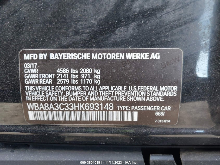 VIN WBA8A3C33HK693148 2017 BMW 320I XDRIVE