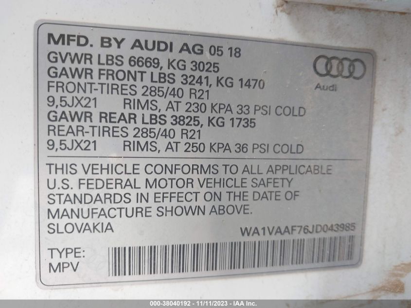 2018 AUDI Q7 3.0T PREMIUM - WA1VAAF76JD043985