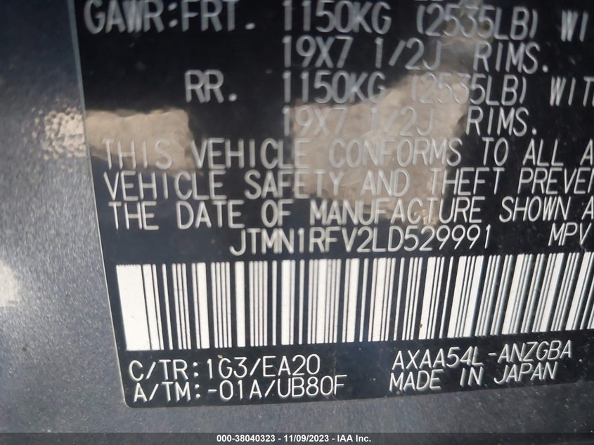 VIN JTMN1RFV2LD529991 2020 TOYOTA RAV4 LIMITED