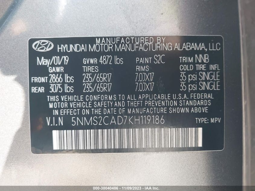 2019 HYUNDAI SANTA FE SE - 5NMS2CAD7KH119186