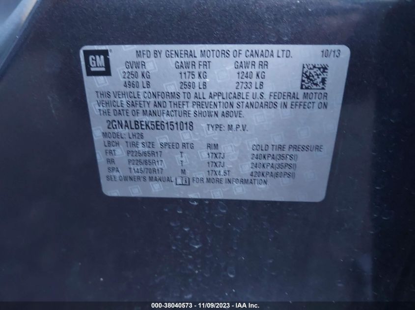 2014 CHEVROLET EQUINOX LT - 2GNALBEK5E6151018