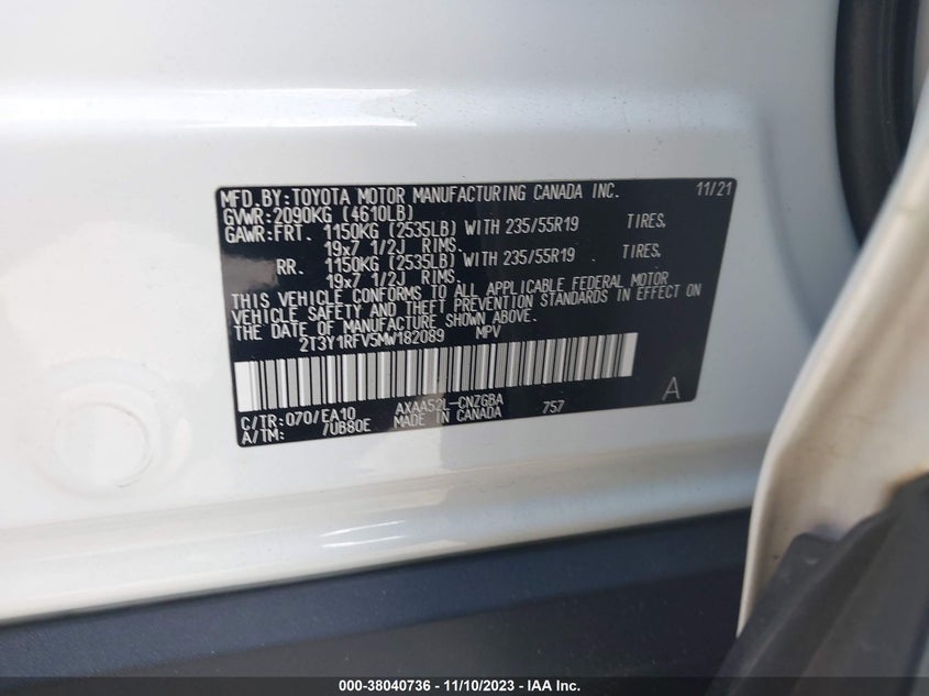 VIN 2T3Y1RFV5MW182089 2021 TOYOTA RAV4 LIMITED