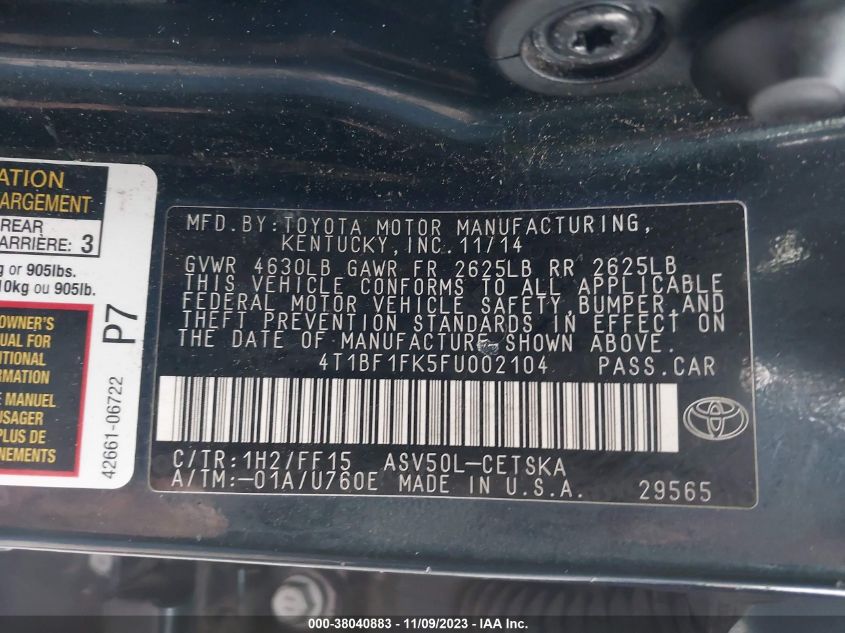 2015 TOYOTA CAMRY SE - 4T1BF1FK5FU002104