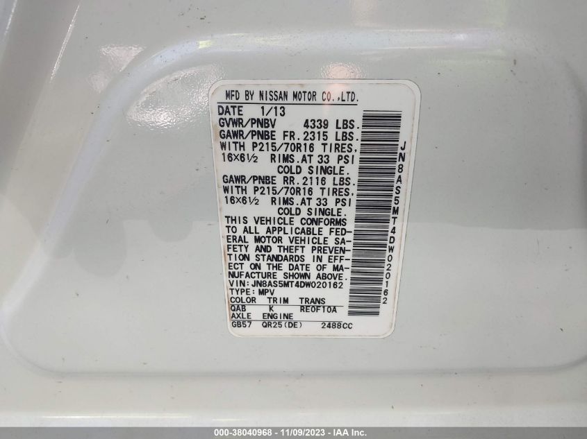 2013 NISSAN ROGUE S - JN8AS5MT4DW020162